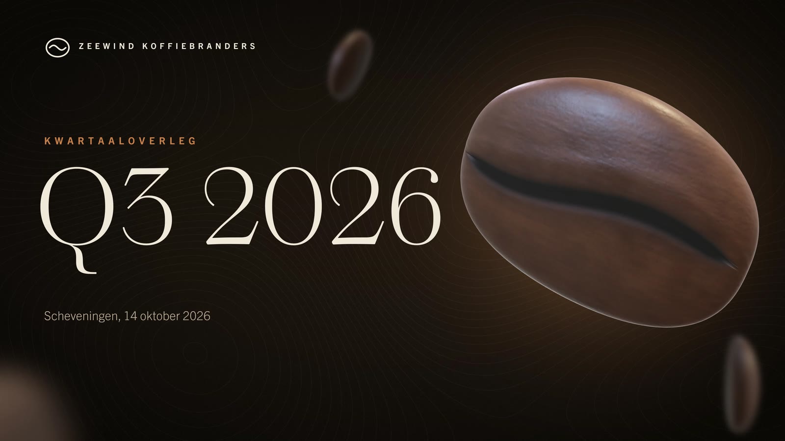 Dia 1: Q3 2026, kwartaaloverleg van Zeewind Koffiebranders, met een koffieboon in 3D